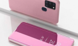 Samsung Galaxy A21s (SM-A217F/DS), Notesztok, ROSE GOLD, oldalra nyíló áttetsző tükrös flip cover, asztali tartó funkció, műanyag belső